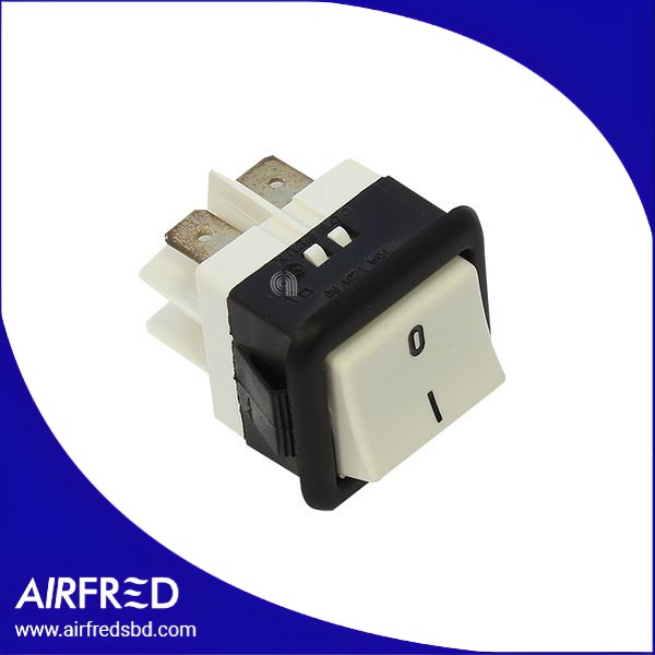 Interruptor bipolar 16A 250V para pequeños electrodomésticos, cuerpo negro y pulsador blanco.