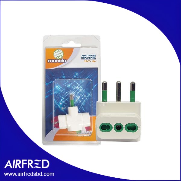 Adaptador triple con enchufe italiano 2P+T 16A y 3 tomas bipasso blanco
