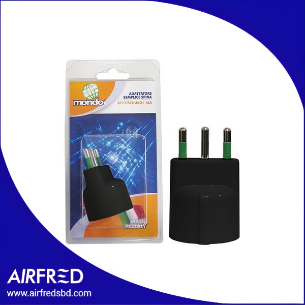Adaptador entre toma Schuko y clavija italiana, 16A, color negro.