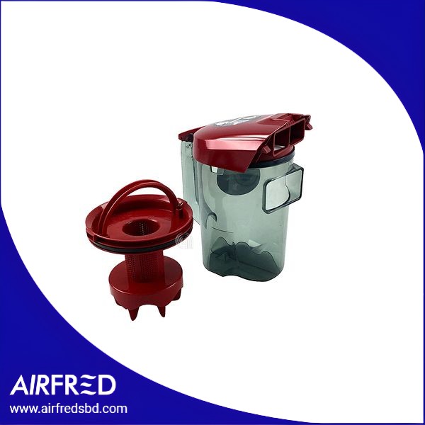 Contenedor de polvo para aspiradora con sistema ciclónico, color transparente con acentos rojos.
